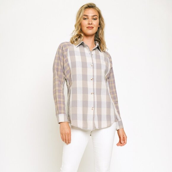 MYSTREE Plaid Button Down Shirt Neutral Beige Gray Oversized Casual Top - Picture 3 of 6